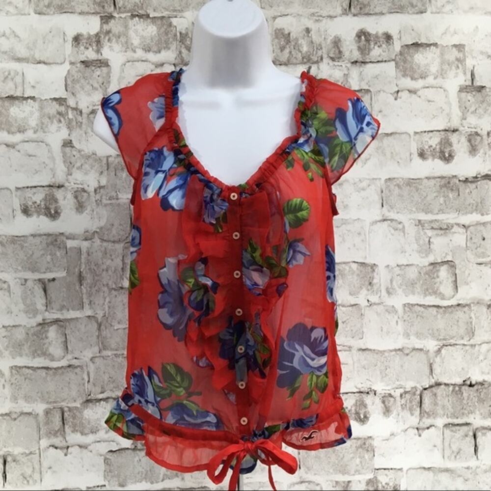 Hollister Size S Blouse Top Sheer Short Sleeve Red Blue Floral